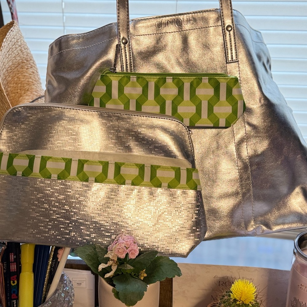 Clinique Silver and Green Tote Bag with Luxurious Finish